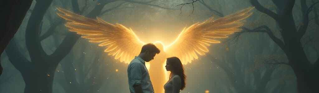 A man and woman stand side by side but slightly apart, their body language showing emotional distance. Behind them, a radiant angel with a golden glow hovers in a mystical forest, symbolizing divine intervention as the key to Ways to Fire Up Your Relationship, Rekindle Relationship Love, and How to Restore Relationship Passion.