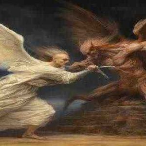 Angelic being clashing with a wicked entity to expel demons.