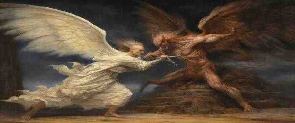 Angelic being clashing with a wicked entity to expel demons.