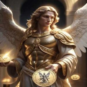 Strong male angel in golden armor extending his hand with golden coins, symbolizing angelic assistance for finances and generosity.