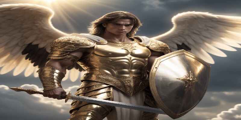 Elemiah Guardian Angel holding his golden shield and sword