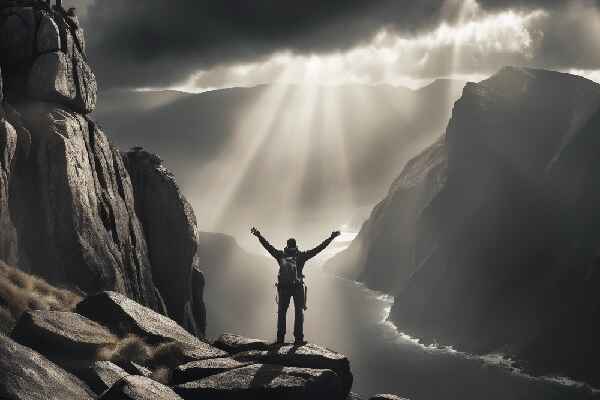 person in a mountain range on a  plateau between two cliffs with sunbeams shining through dark clouds reaching toward heaven using a Prayer for Faith-building     