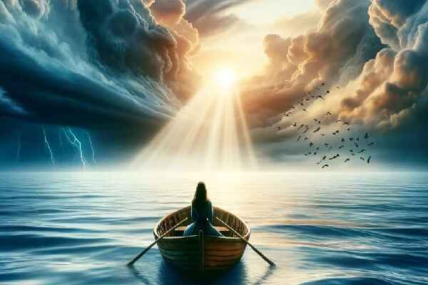 woman on the ocean in a row boat being lead by God creating a clear path amid storm weather Prayer to Make Progress