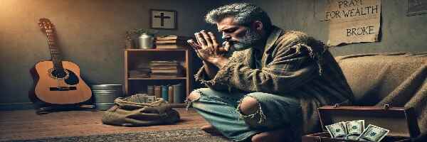 Man needing cash praying for money  sitting next to a treasure chest filled with 1000-dollar bills