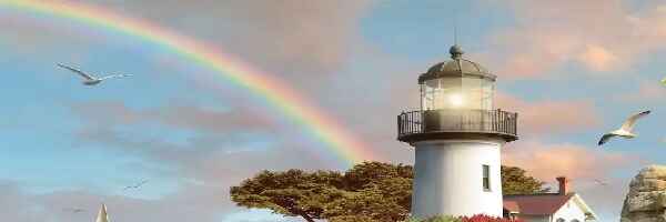 Lighthouse, blue sky, rainbow