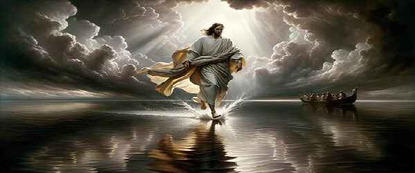 Jesus walking on water, boat with disciples in background. Unlock miracles through Intercessory Prayer.