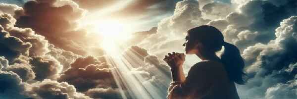 Woman praying, sun shines through storm clouds.