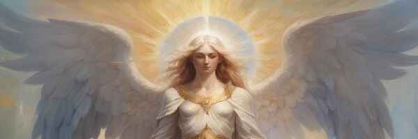 The angel of discernment, with wings outstretched and a glowing halo, symbolizes angel power to conquer deception.