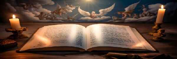 Open Bible with candles and angels.