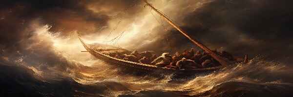 Disciples' boat in stormy sea