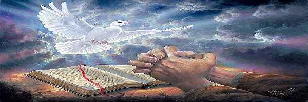 Bible, praying hands, dove descending.