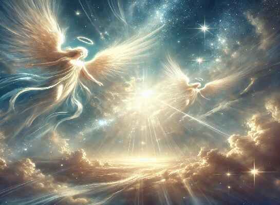 A celestial scene depicting two radiant angels hovering in the heaven of heavens, symbolizing divine connection, spiritual guidance, and transformative support.