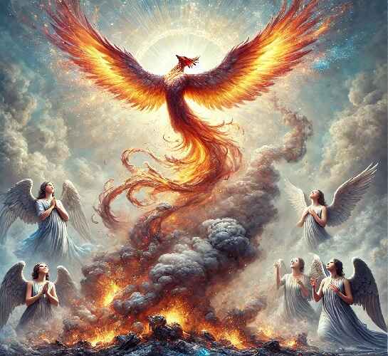 A majestic phoenix rises from the ashes, symbolizing renewal and transformation, with angels rejoicing in the background, celebrating divine intervention and boundless blessings.