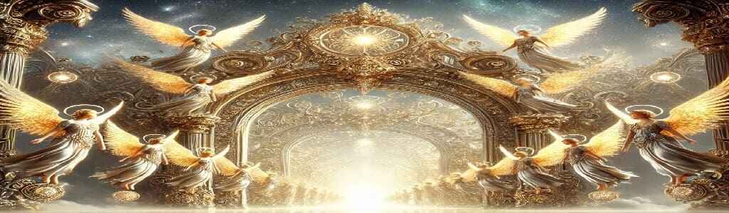 Majestic archways lead into the heavens, where archangels stand at attention, lining grand halls symbolizing divine authority and the 72 Angels List and Their Duties.