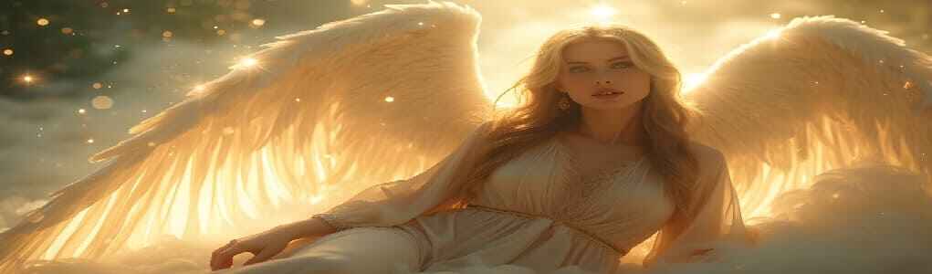 A radiant female angel reclines gracefully, her luminous wings shimmering as she emanates divine serenity in a celestial setting.