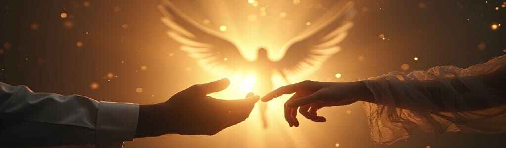 Angel Restores Loving Communication: Hands reaching toward each other, surrounded by golden light and a subtle angelic silhouette.