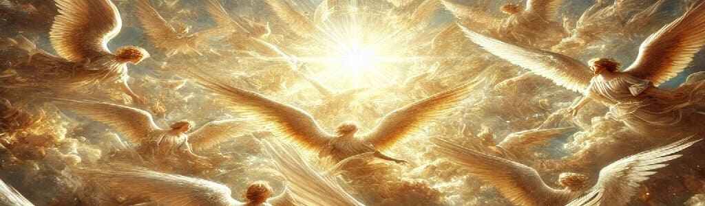 A group of radiant angels with large, feathered wings in a heavenly setting, bathed in golden light and surrounded by clouds. An Angel Restores Loving Communication.