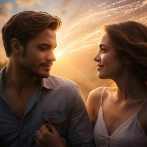 Angels Restore Loving Communication: A couple holding hands and gazing lovingly at each other, surrounded by a glowing aura in a heavenly twilight setting.