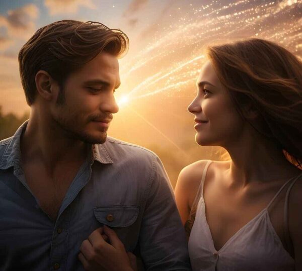 Angels Restore Loving Communication: A couple holding hands and gazing lovingly at each other, surrounded by a glowing aura in a heavenly twilight setting.