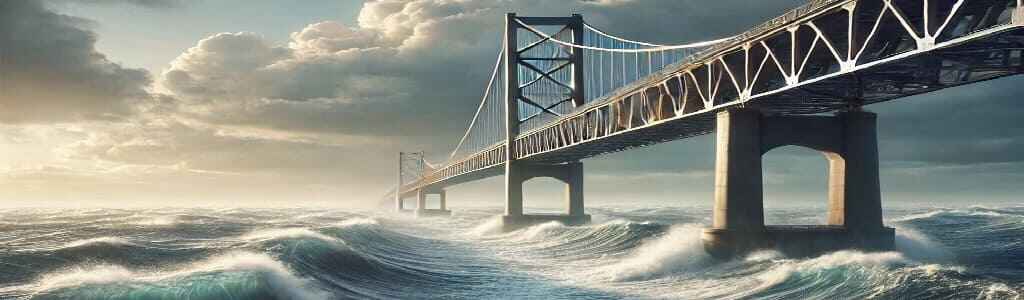 a sturdy bridge spanning turbulent waters, symbolizing overcoming challenges and finding a way forward with hope.