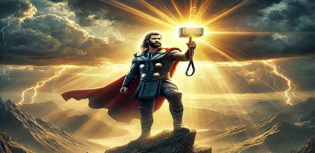 Thor standing on a mountaintop, holding Mjölnir glowing with power, as golden rays of light break through dark storm clouds, symbolizing the divine guidance and inner resilience needed to gain validation and recognition.