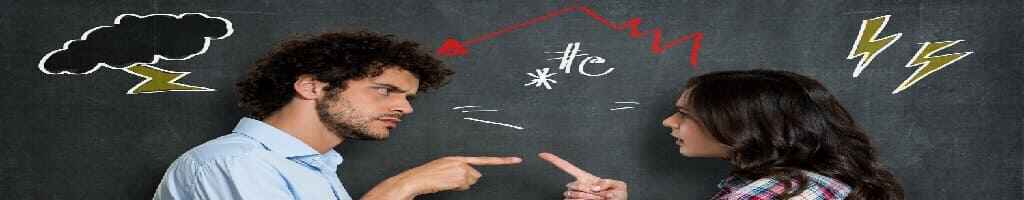 Angel Restores Loving Communication: A man and woman pointing accusatory fingers at each other, standing before a chalkboard with storm clouds and lightning bolts.