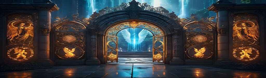 A magnificent archway adorned with angelic symbols and depictions of angels, leading to the inner sanctum of heaven where an awe-inspiring angel stands before the throne of God, symbolizing the 72 Angels List and Their Duties.