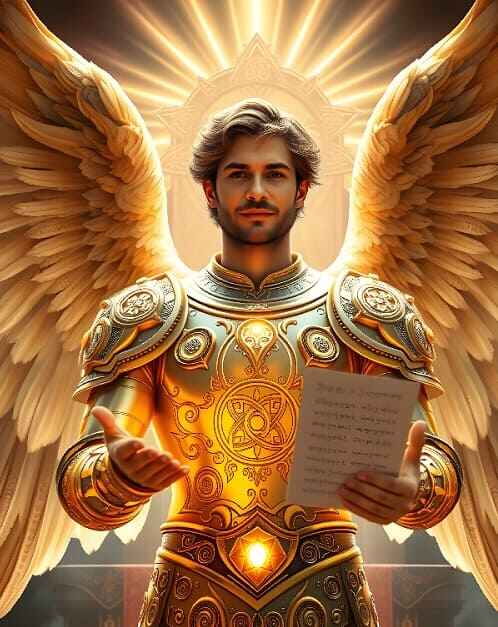 A radiant angel in resplendent armor holding a glowing script, standing before a majestic throne of light, exuding peace and authority.