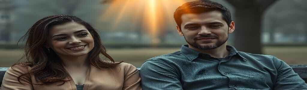 A hopeful couple on a park bench illuminated by a golden light, symbolizing divine presence to restore relationship harmony.