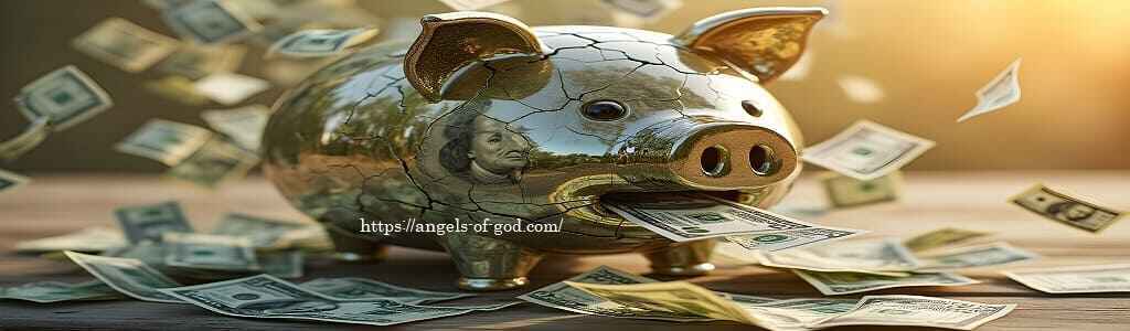 Break Free from Financial Struggles with divine intervention—A cracked glass piggy bank overflowing with $100 bills, symbolizing the release of financial blessings and supernatural wealth breakthroughs.