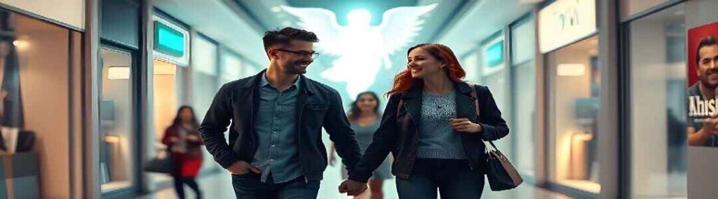 A smiling couple holding hands with a sad woman walking away, angelic presence hovering, symbolizing Someone Interfering in Your Relationship and divine intervention to stop relationship interference.