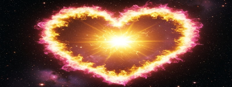 A heart-shaped flame burns brilliantly, radiating golden and pink energy across the vast cosmos. This celestial fire represents Vehuiah soulmate attraction, a divine force aligning destined partners and dissolving barriers that hinder love.