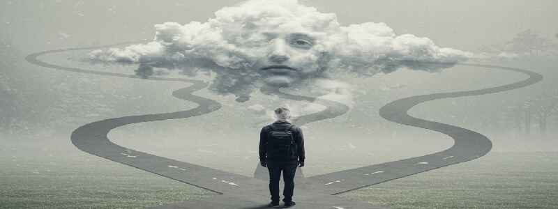 A man stands at a crossroads, his head shrouded in fog and clouds, symbolizing mental uncertainty, overthinking, and the struggle to make confident decisions.