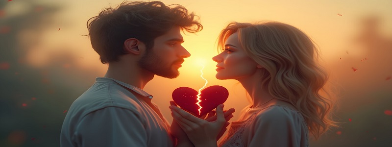 A man and woman holding a broken heart between them, their hopeful expressions conveying Vehuiah’s relationship healing as lightning flickers from the heart’s shattered pieces, symbolizing renewal and restored love.